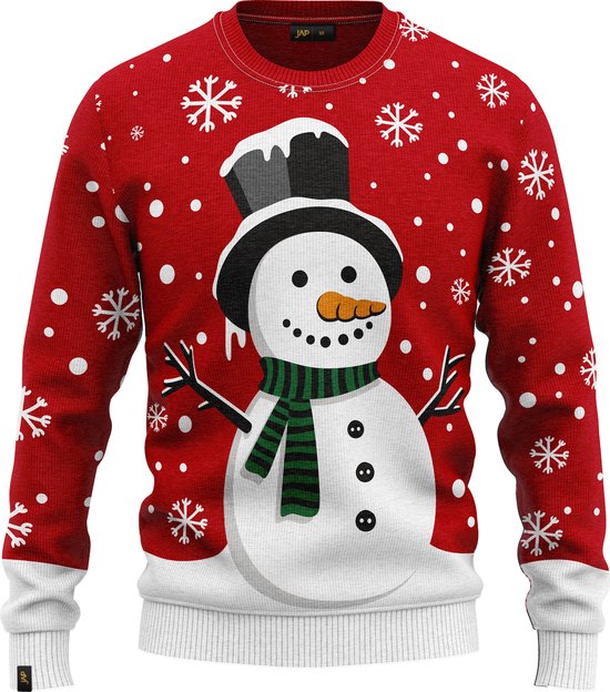 JAP Christmas Kersttrui (maat L) - 100% Gerecycled - Kriebelt niet - Kerstcadeau volwassenen - Foute Kersttrui dames en heren - Sneeuwpop - Rood