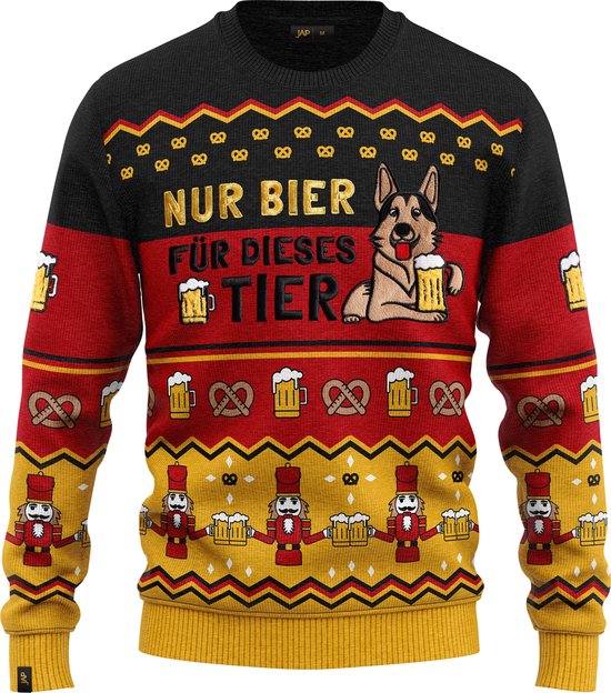 JAP Christmas Around the World Kersttrui (maat 5XL) - 100% Gerecycled - Kriebelt niet - Kerstcadeau volwassenen - Foute Kersttrui dames en heren XXXXXL - Duitsland - Zwart/Rood/Geel