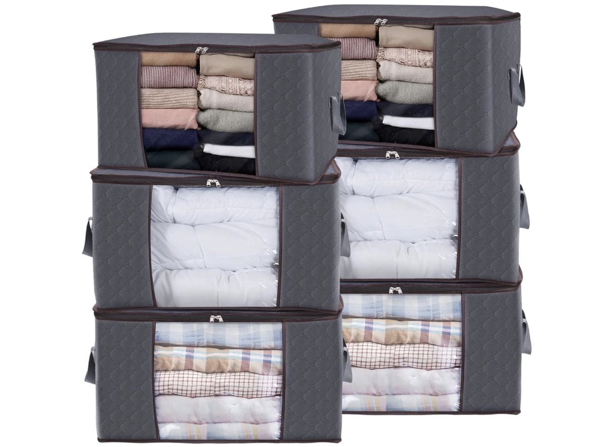 6 stuks 90 l kastdozen, kledingdozen met grote inhoud, opbergdozen voor de kast voor dekbedden, verhuiskisten, opvouwbare tassen voor kleding, dekens, grijs