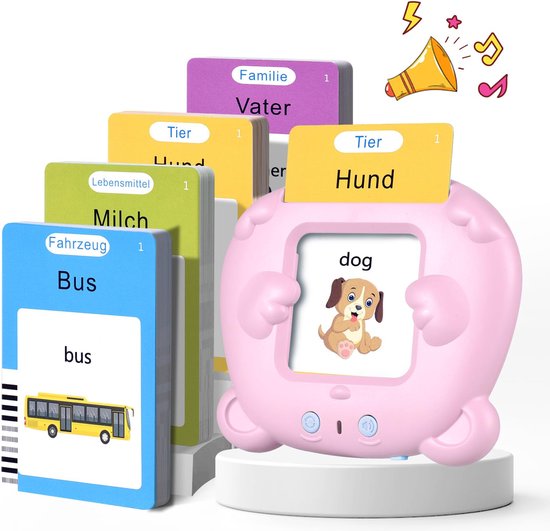 Foto: Leerzaam speelgoed educatieve spellen montessori speelgoed woordjes leren duits engels gesproken praten flashkaarten voor autisme peuters meisjes jongens 2 3 4 5 6 jaar kindercadeaus kinderspeelgoed roze 112 vellen 224 woorden