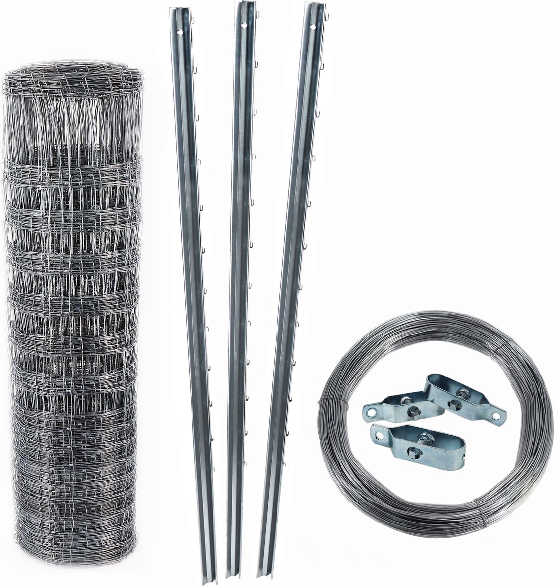 250m wildhek, boshek, weidehek, geknoopt draadgaas 150/19/15 + palen + spandraad