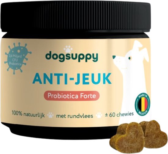 Anti-Jeuk Probiotica [met rund] - Bij Krabben, Poten likken en Allergieën - 100% natuurlijk - 60 heerlijke snoepjes - Vermindert Huidgevoeligheid - Ondersteunt Darmgezondheid & Natuurlijke Weerstand - 3.4 miljard CFU Probiotica per snoepje