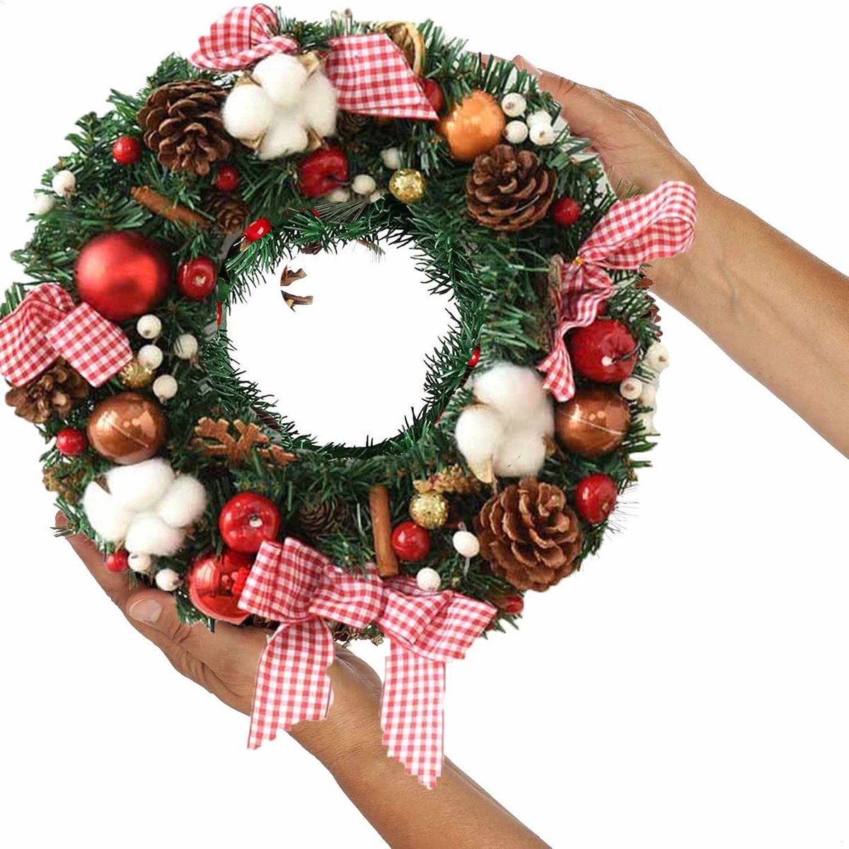 Meedeer Kerstkransen met Decoraties (35cm)-Kerstkrans -Groen-met Rode Kerstballen enn katoen -vlinderdas -dennenbladeren-deurkransen kerstversiering- Kerstdecoratie - Kerstmis