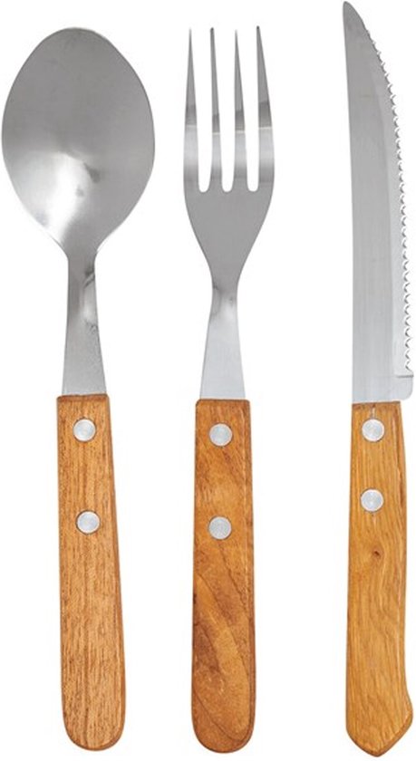 Inspirion Bestekset - RVS - 6-delig - houten handvat - in katoenen hoes