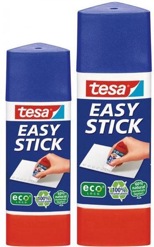 Deux bâtons de colle Tesa Easy Stick côte à côte, tous deux avec capuchon bleu et base rouge.