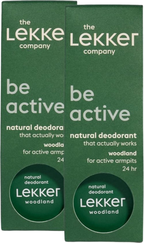 Twee groene dozen 'the Lekker Company' met 'be active natural deodorant woodland 24 hr' erop.