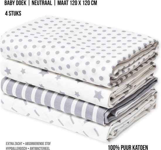 Luxe Set van 4 Grote Hydrofiele Doeken (120x120 cm) in Zacht, 100% Katoen | Baby Doeken | Inbakerdoek | Kleur: Grijs-Wit | Dormivo