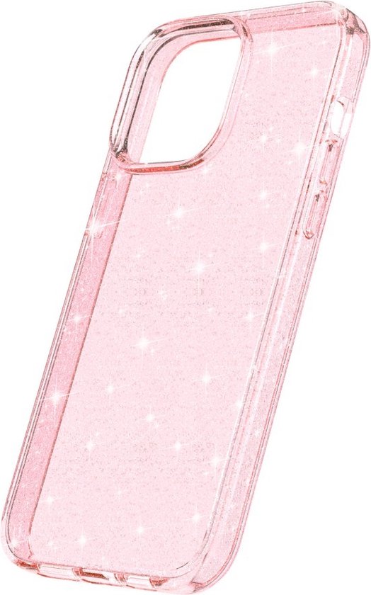 Coque de téléphone rose pailletée vide, vue de côté.