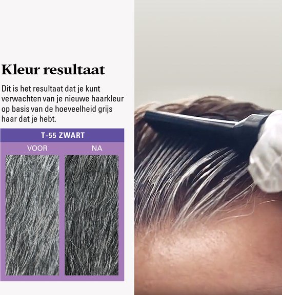 Voor en na foto's van grijs haar dat met T-55 ZWART is behandeld.