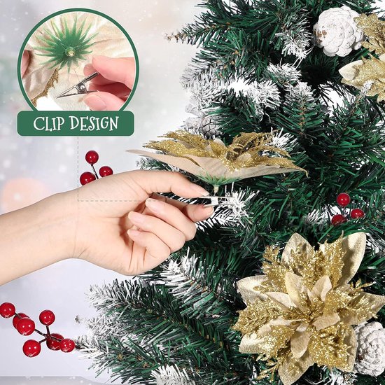 BELLE VOUS Kerstboom Poinsettia Bloemen - Kunstblauwe Glitter Kerststerren voor Kerstboomdecoraties - Kunstbloem voor Bruiloft en Feestdecoratie - 32 cm - Pack van 6