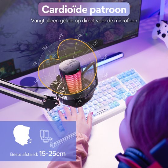 Maono DGM20S - Microphone de Gaming USB avec bras - Convient pour PC, Mac et Playstation - RVB - Zwart