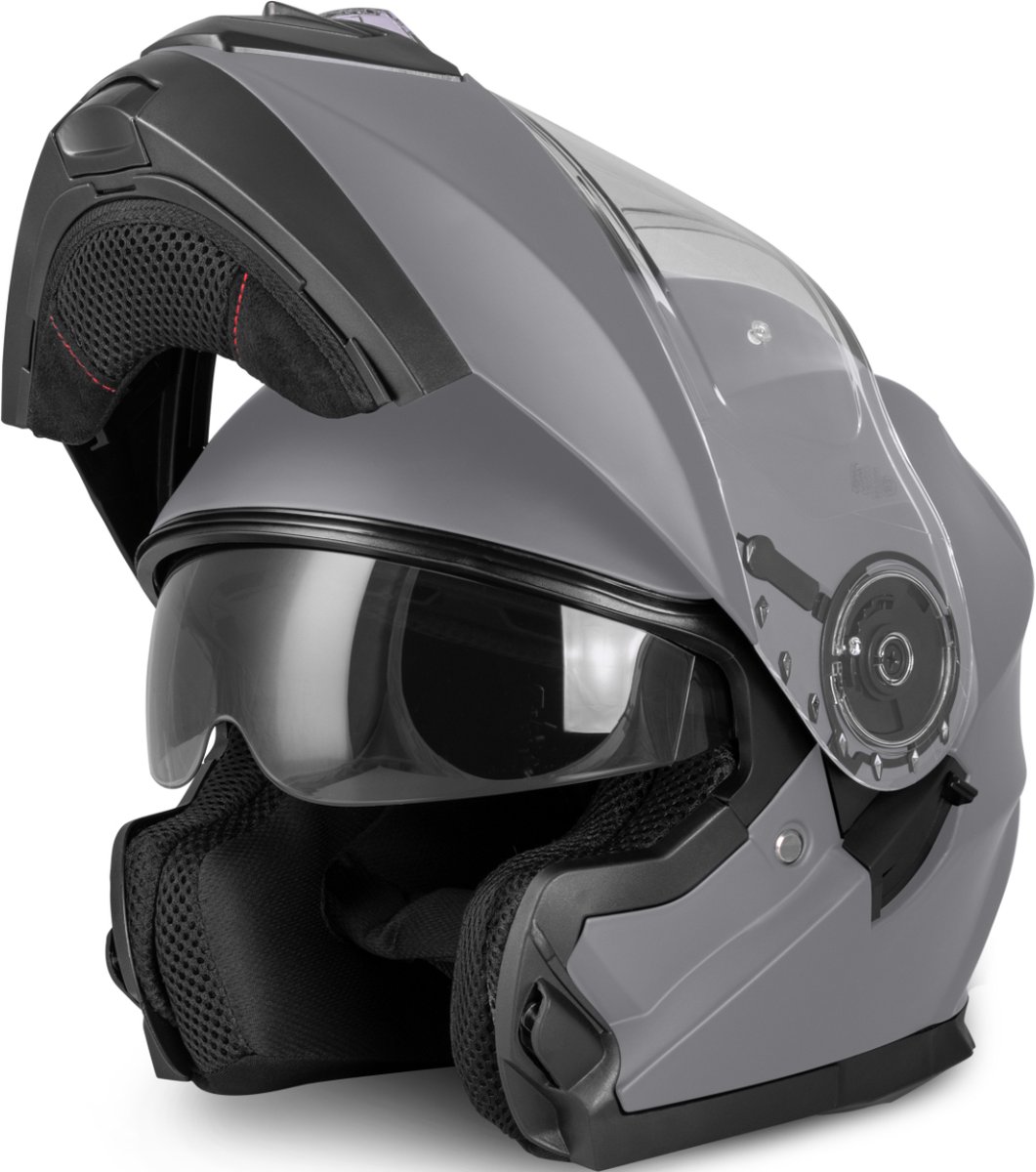 VINZ Santos Systeemhelm met Zonnevizier | Scooterhelm & Motorhelm & Brommerhelm | ECE 22.06 goedgekeurd | Lichtgewicht 1600 gram | Inclusief Opbergzak | Mat Titanium - S