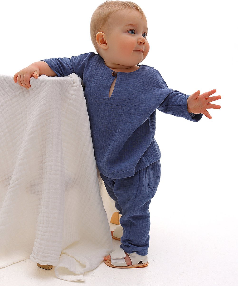 RobyKris Baby Shirt - Katoenen mousseline - Blauw - Maat 68-74