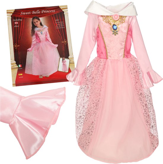 Playos® - Princessenjurk - Roze - Belle - maat M - 110 tot 120 cm - Kostuum - Kinderen - Verkleedkleding - Carnaval - Princes - Sinterklaas Cadeau