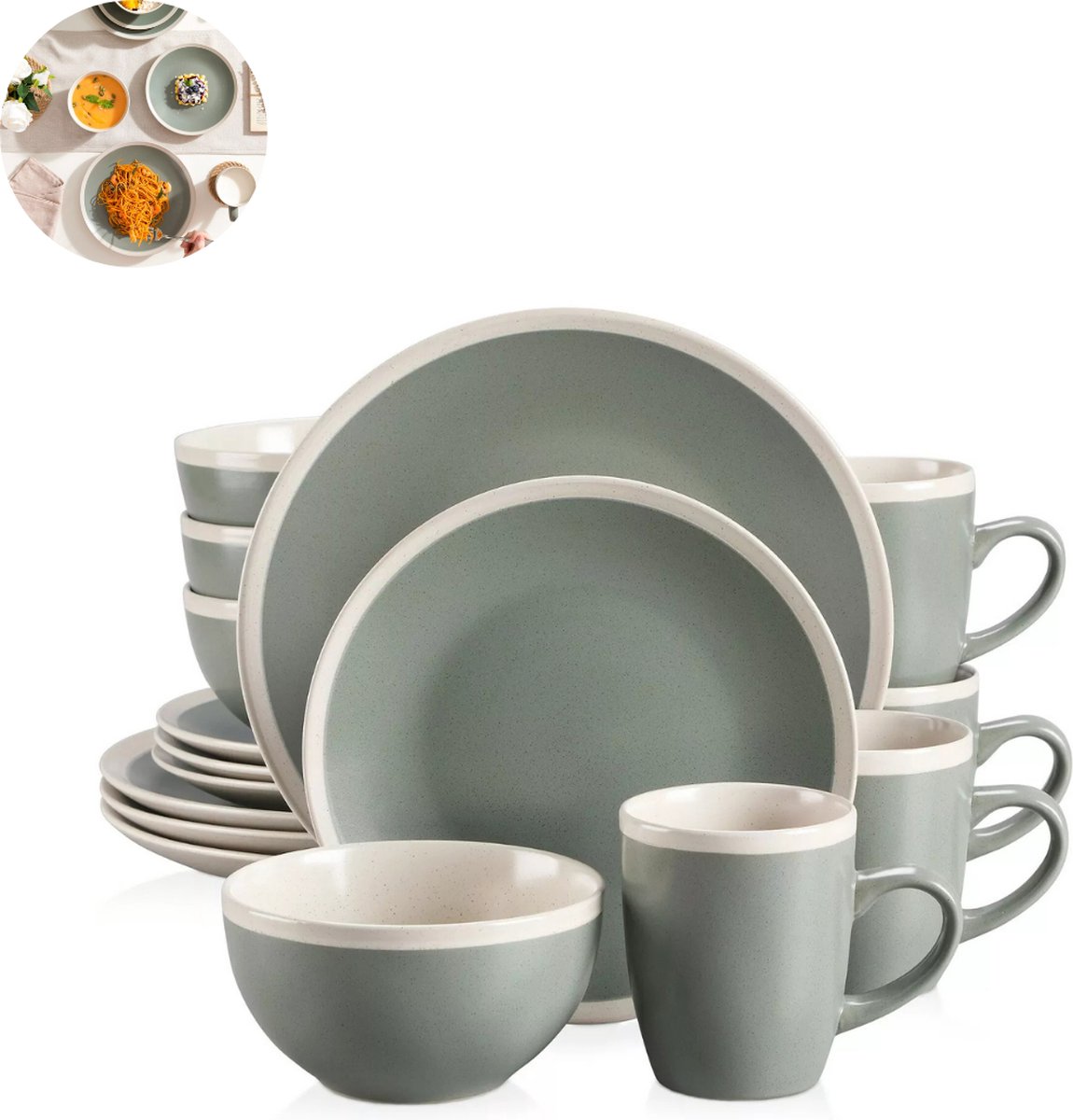 Luxe Serviesset- 16 delig – 4 persoons – Porselein - Bordenset – Dinner platen – Dessertborden - Kommen - Mokken - Donkergroen