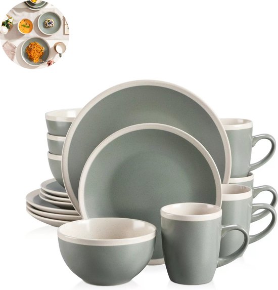 Luxe Serviesset- 16 delig – 4 persoons – Porselein - Bordenset – Dinner platen – Dessertborden - Kommen - Mokken - Donkergroen