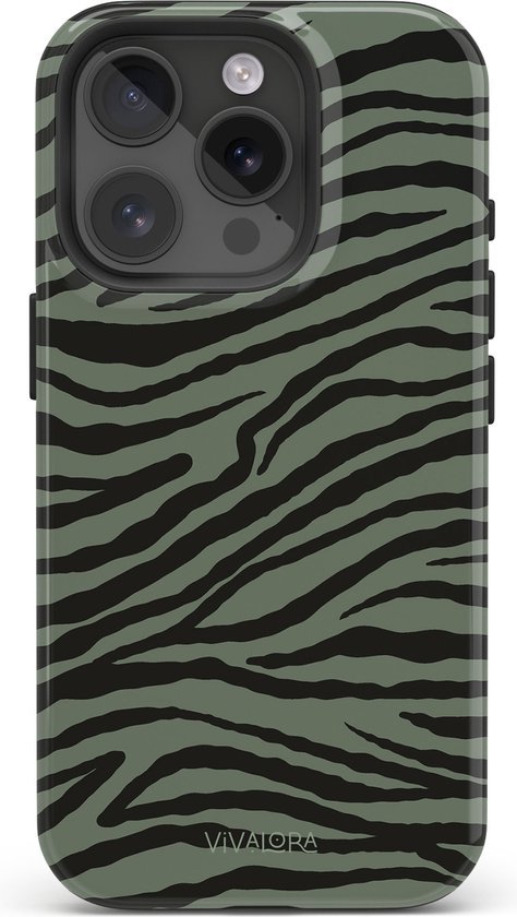 Coque de téléphone iPhone 16 Pro à imprimé zèbre vert et noir.