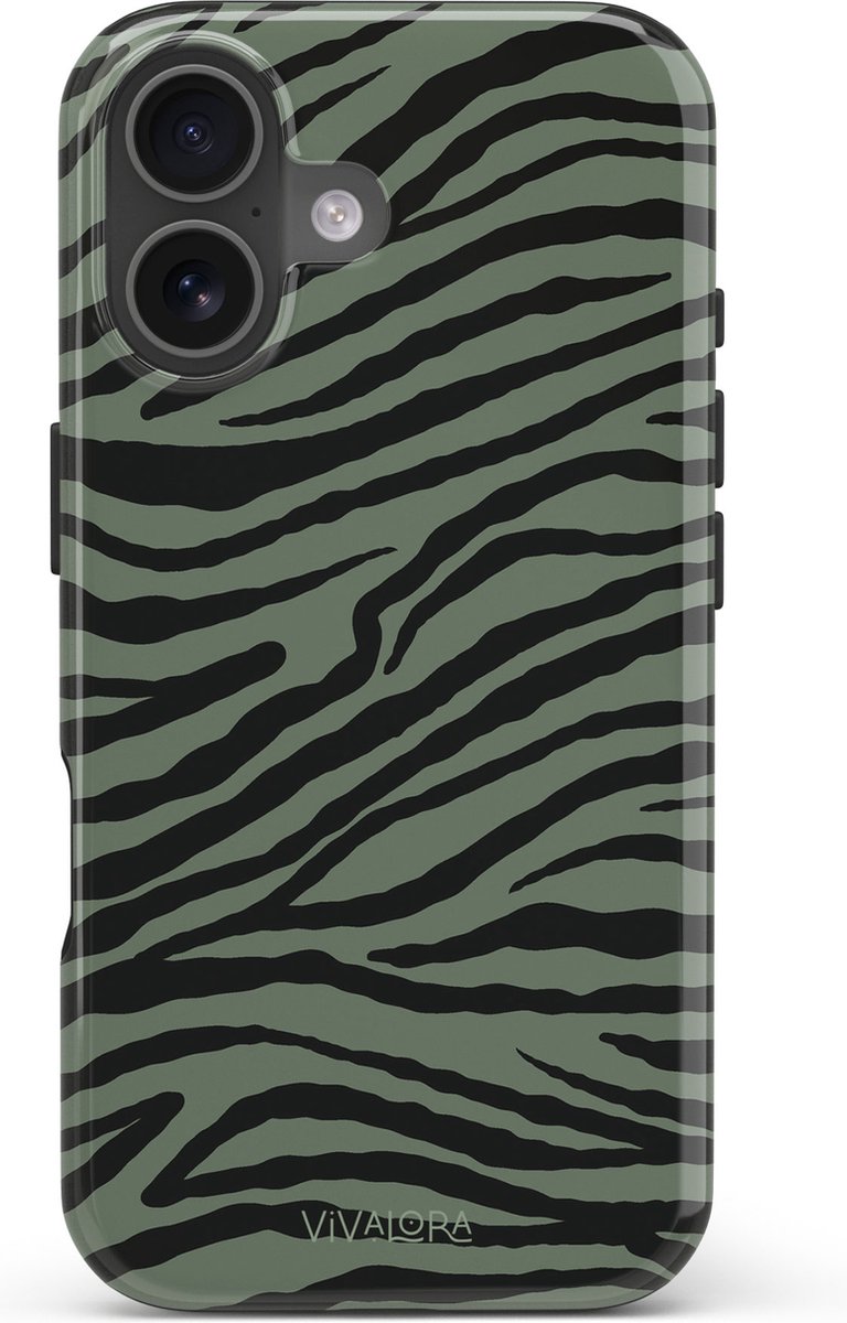 VivaLora Tough Telefoonhoesje iPhone 16 met MagSafe - Wild Lines Zebra Print - 2-in-1 Phone Case - Hard Case & Siliconen Backcover - Extra Bescherming - Shockproof Cover - Zebraprint Groen