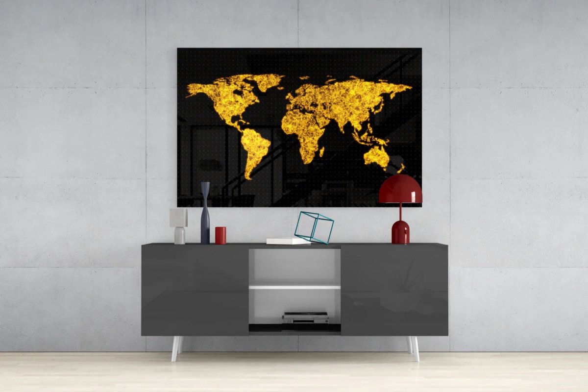 Insigne Art Glasschilderij - Wereldkaart - Goud - Zwart - 110x70x0.4 cm