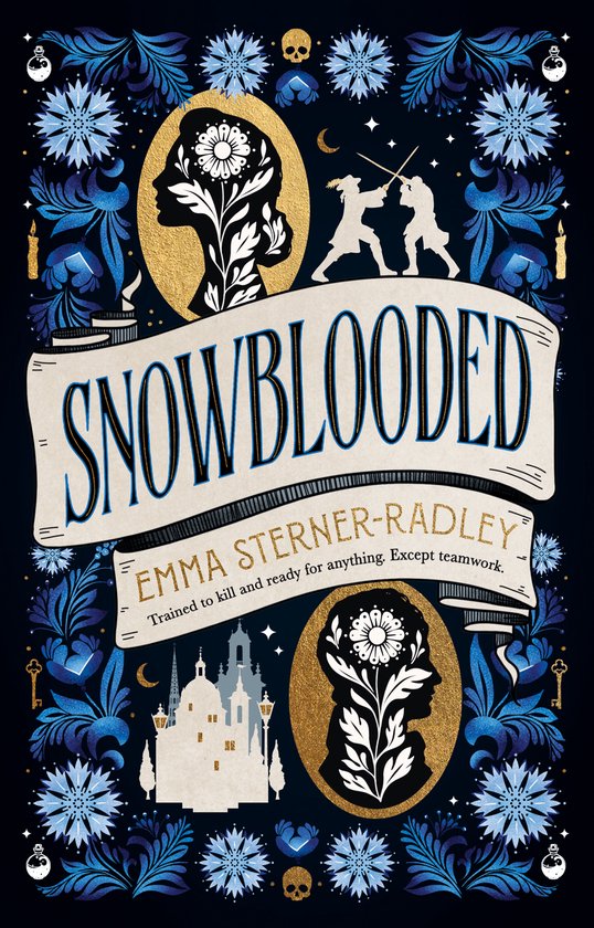Boekomslag van Snowblooded van Emma Sterner-Radley met gestileerde blauwe en gouden versieringen, een kasteel, twee vechtende silhouetten en twee profielsilhouetten.