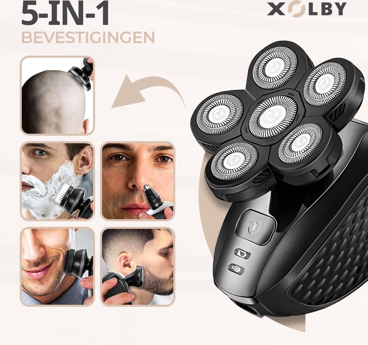 Xolby® 5 in-1 Multifunctionele 6D Scheerapparaat, Mannen + Extra Scheerkop - Gezicht en Hoofd Trimmer - Skull Shaver - Nat & Droog Shaver - Face en Head Shaver – Hoofd Kaal