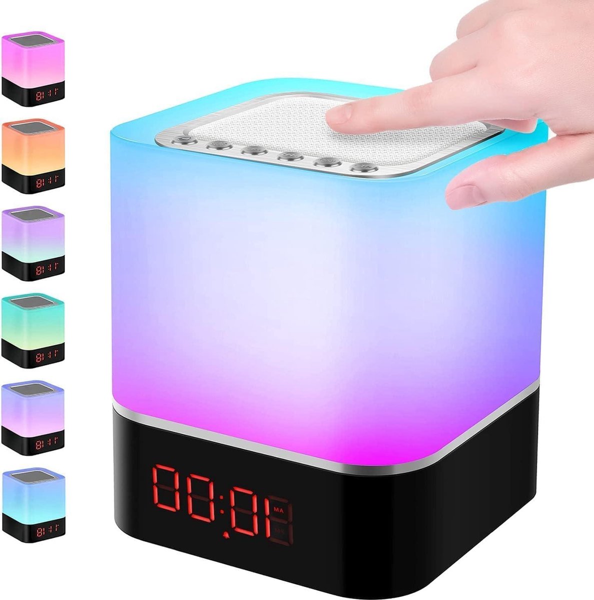 Mrs. Jones Bluetooth luidspreker wekker 5-in-1 led-bedlampje touch-dimbaar 7 kleuren digitale MP3-speler met SD-kaart USB (zwart bovendeel) .
