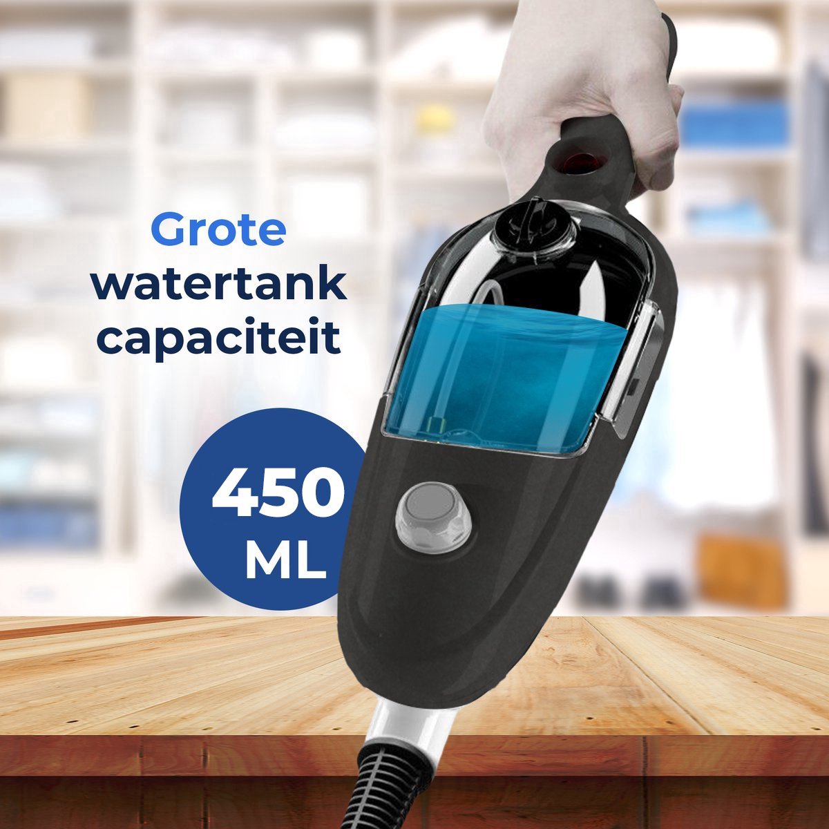 Stoomreiniger 2 in 1 - Handstomer - Vlekkenreiniger - Met 8 Opzetstukken en 4 Microvezeldoeken - Bank, Vloer, Badkamer en Tapijt Reinigen - Zwart thumbnail 2
