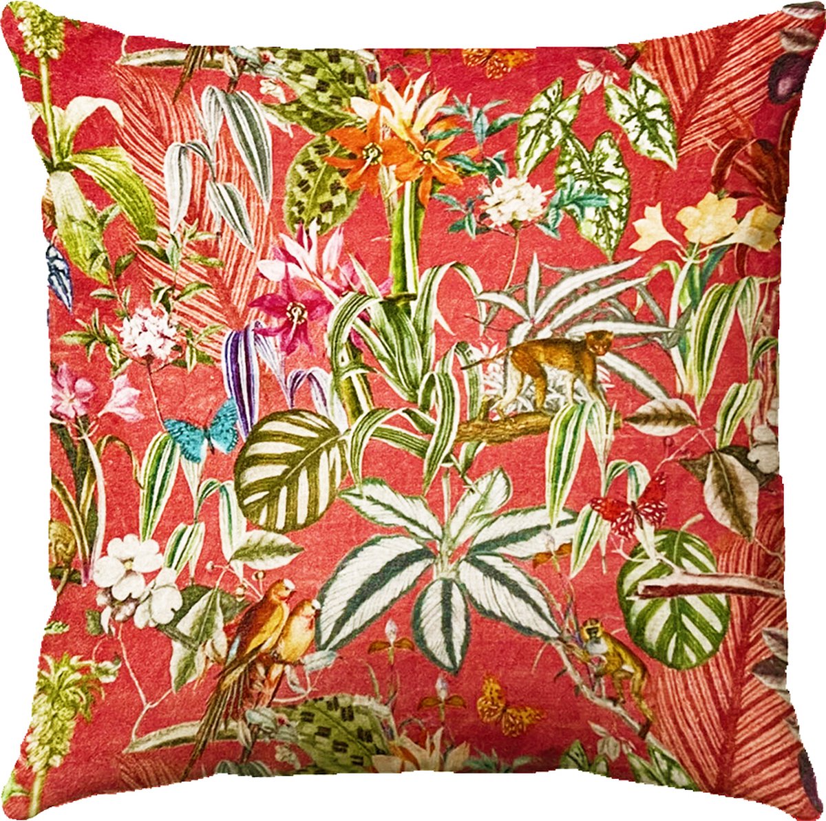 by Mooss - Sierkussen 50 x 50 cm - Velours - Tropisch Bloemen Aap Vogels - Roze - Inclusief binnenkussen