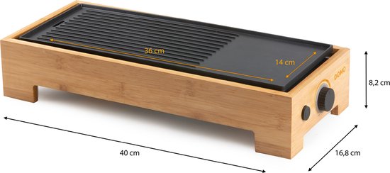 DOMO DO9270G Plancha Grill Bamboo Style 'Just Us' - Grillplaat - Tafelgrill - Gourmet bakplaat voor op tafel - 2 personen - PFAS Vrij - 1000W - Bamboe — afbeelding 4