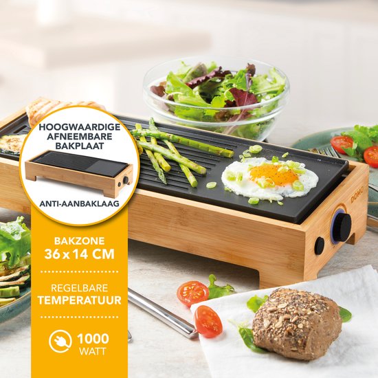 DOMO DO9270G Plancha Grill Bamboo Style 'Just Us' - Grillplaat - Tafelgrill - Gourmet bakplaat voor op tafel - 2 personen - PFAS Vrij - 1000W - Bamboe — afbeelding 2