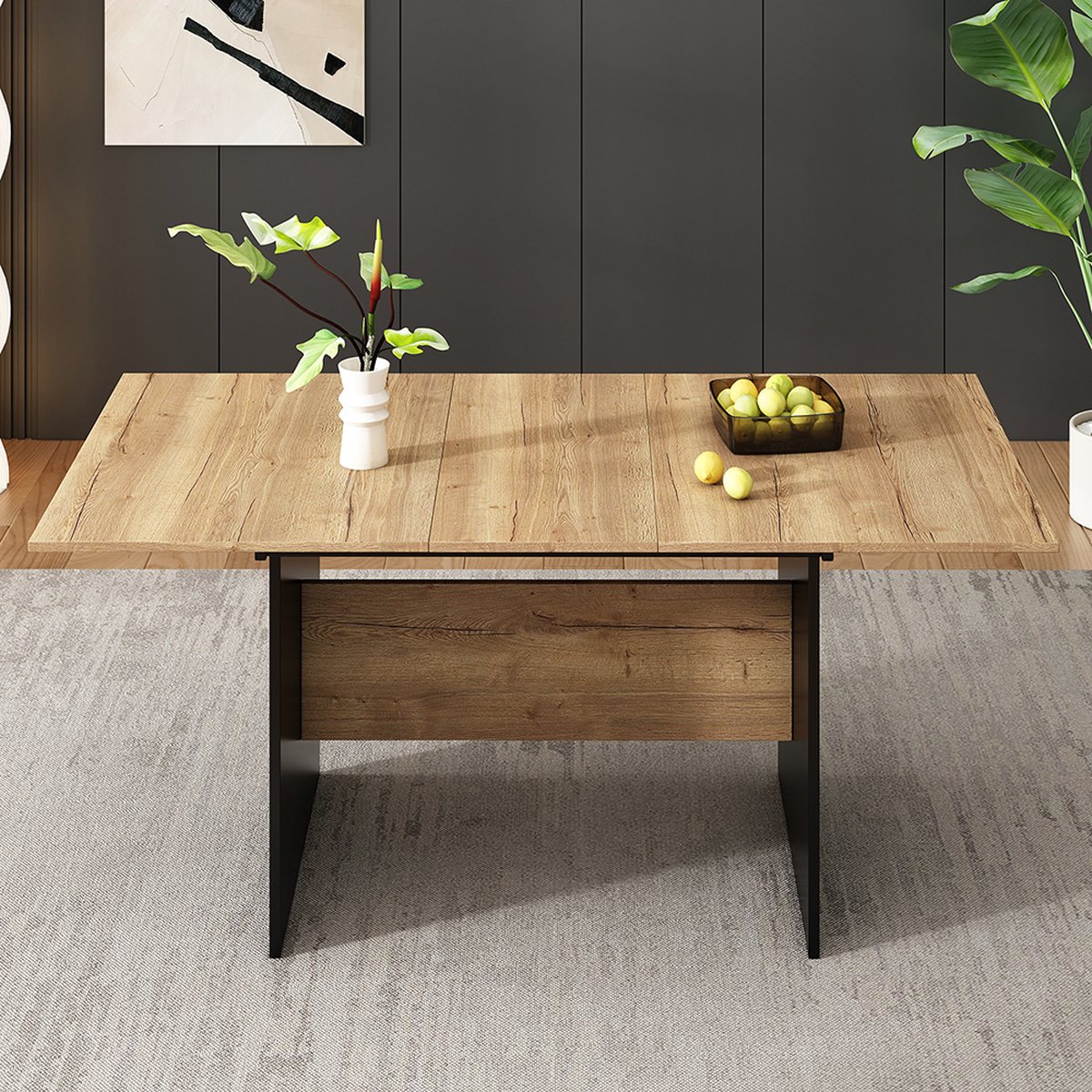 KOMHTOM Tafel Eettafel keukentafel Uitschuifbare eettafel geschikt voor 4-6 personen houtnerf Donker notenhout