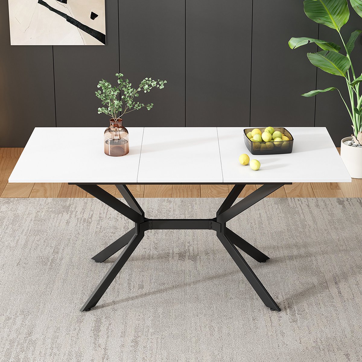 KOMHTOM Tafel Eettafel Uitschuifbare eettafel zitplaatsen vier tot zes zwart metalen tafelpoten Rechthoekige eettafel Wit