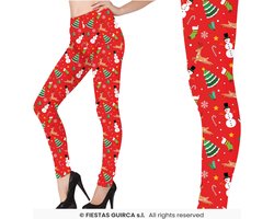 Guirma - Kerst & Oud & Nieuw Kostuum - Legging Kerst Rood Met Print Vrouw - Rood - Maat 42-44 - Kerst - Verkleedkleding