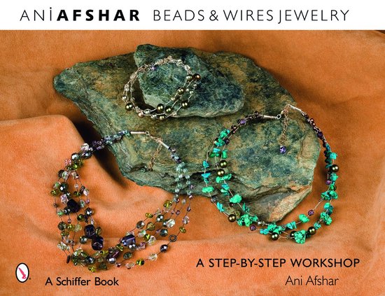 Deux colliers et un bracelet colorés de perles et de fils sur un rocher, avec le texte 'Ani Afshar Beads & Wires Jewelry'.