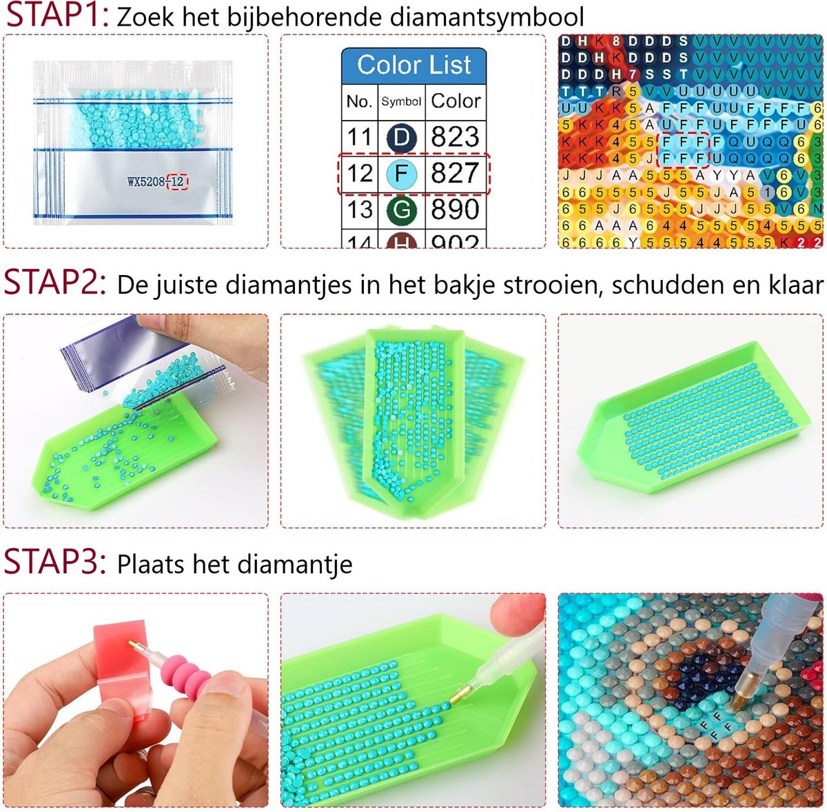 Huntex 12-Pack Diamond Painting Kit - Diamond painting Volwassenen - Diamond Painting kinderen - DIY Paint op Nummer - Ronde Steentjes voor Beginners en Gevorderden - 30x40cm — afbeelding 7