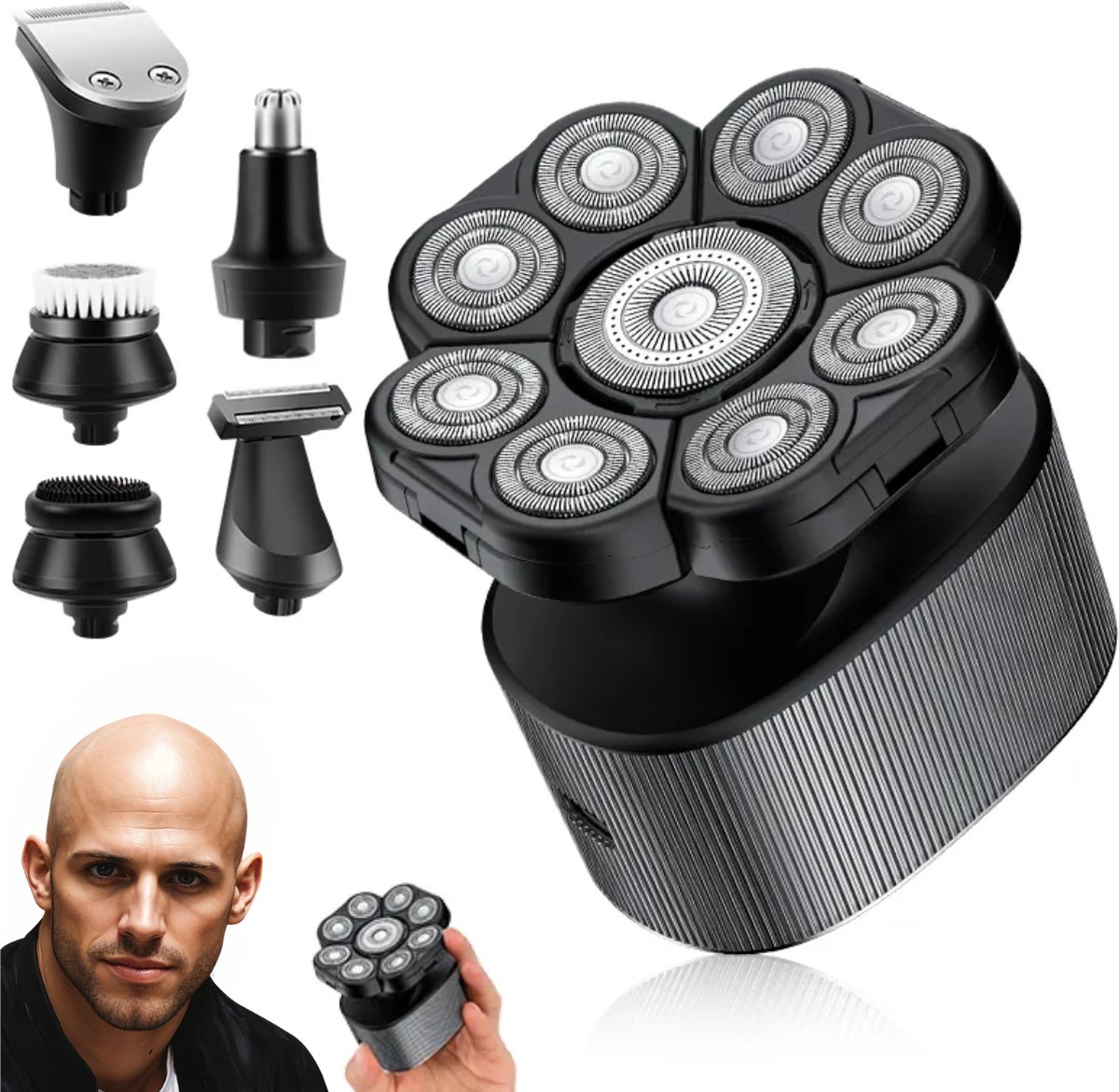 BAØRD 6 in 1 Hoofd Scheerapparaat 8500 RPM - USBC Oplaadbaar - IPX6 Waterproof - Scheerset voor Kaal Scheren - Head Shaver met Baardtrimmer & Neustrimmer - Hoofdscheren Skull Mannen - Scheermachine Heren - Trimmer - Sinterklaas Cadeau - Zilver