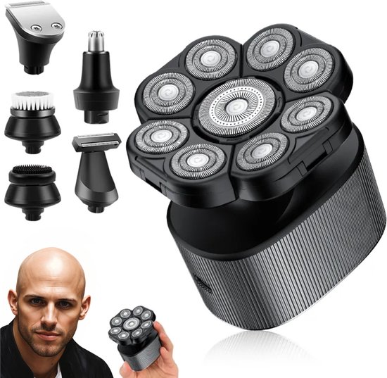 BAØRD 6 in 1 Hoofd Scheerapparaat 8500 RPM - USBC Oplaadbaar - IPX6 Waterproof - Scheerset voor Kaal Scheren - Head Shaver met Baardtrimmer & Neustrimmer - Hoofdscheren Skull Mannen - Scheermachine Heren - Trimmer - Sinterklaas Cadeau - Zilver - BAØRD - €49,95