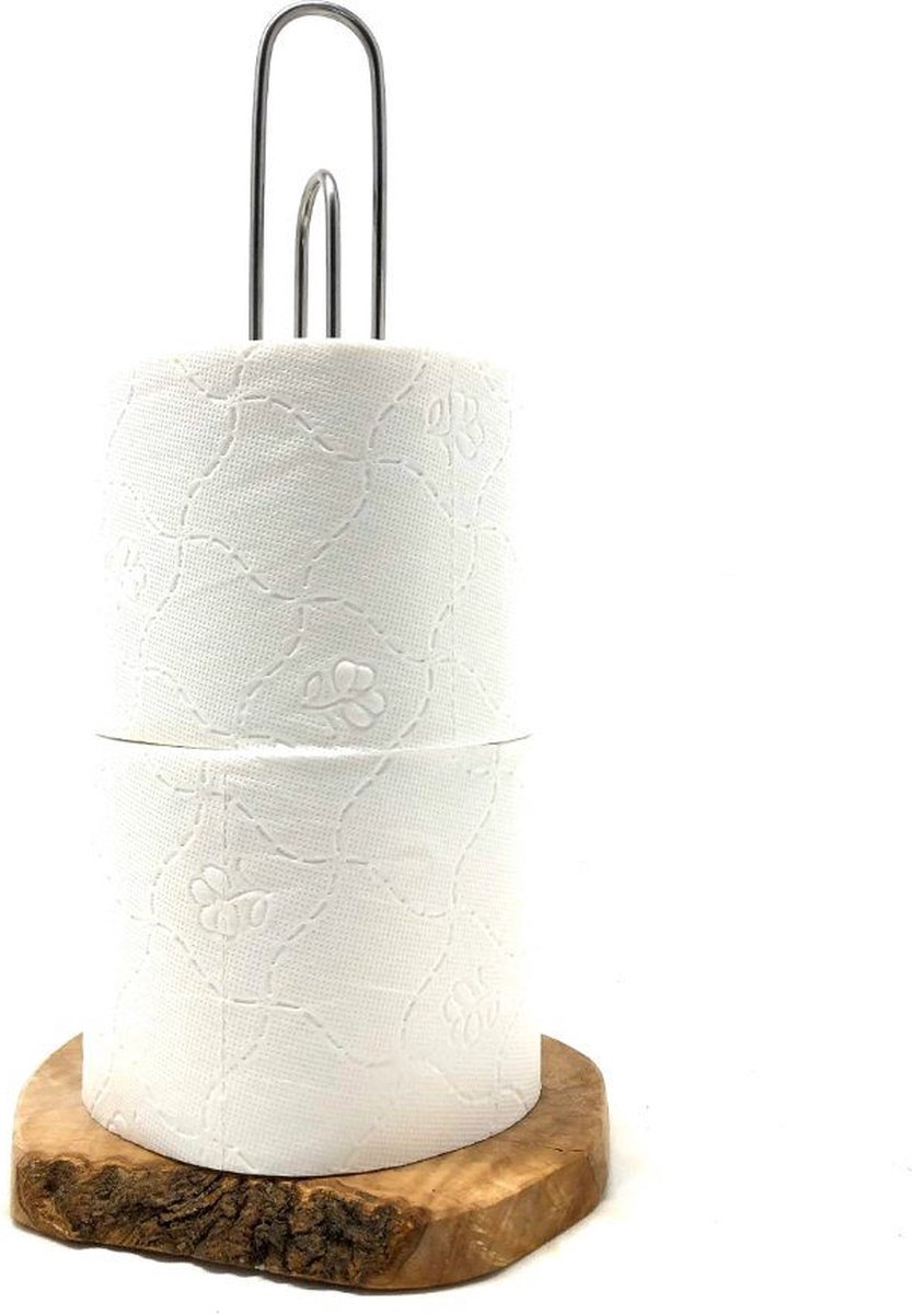 D.O.M. Toiletrolhouder Design – Stijlvol Olijfhout & Roestvrij Stalen WC-Papier Houder 30 CM Hoog