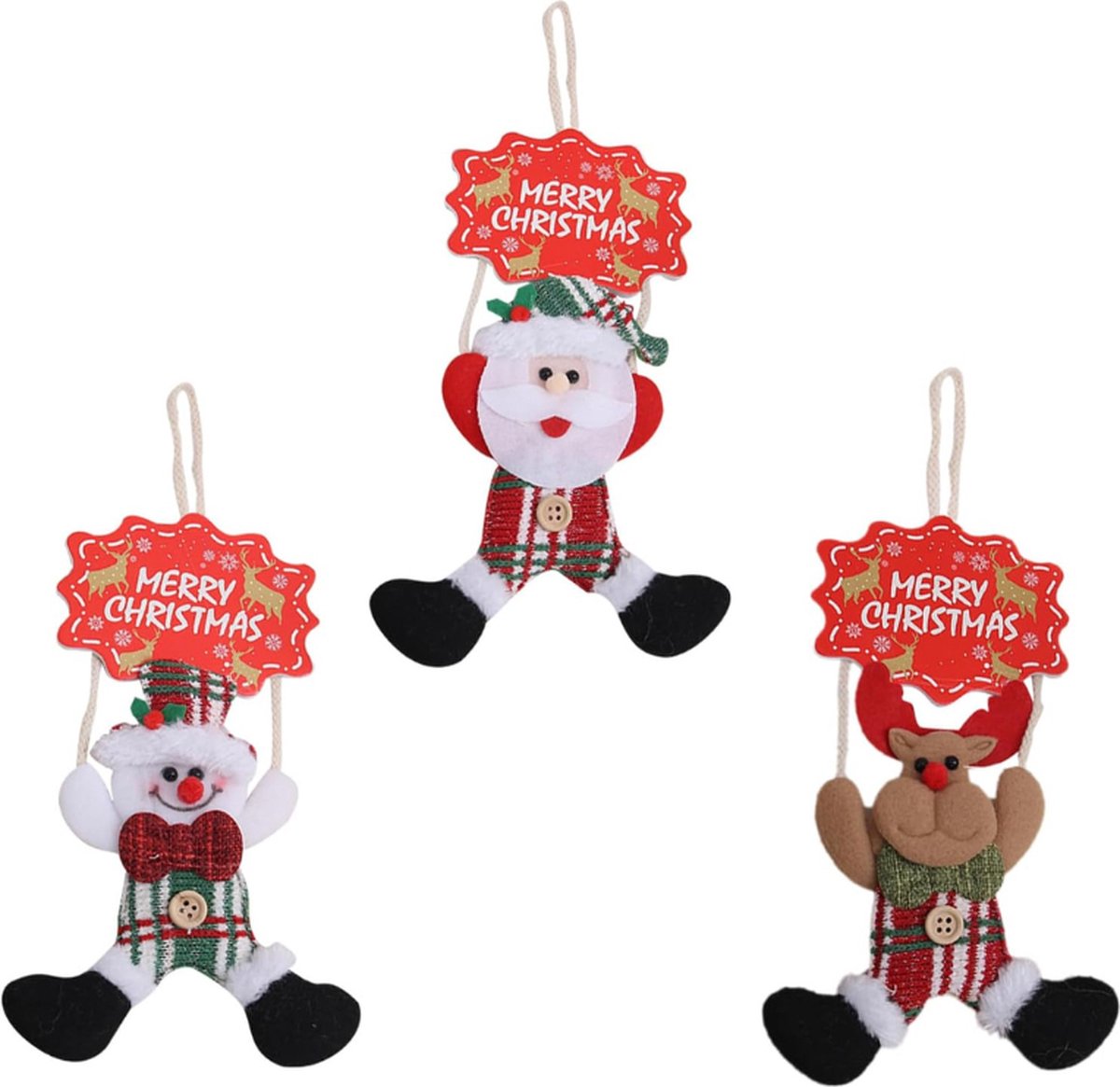 Kerstman, sneeuwpop en rendier hangende ornamenten voor kerstboomdecoratie.