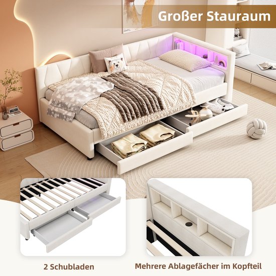 Beige Bedframe 140x190cm Met Uitschuifbed 90x190cm, Volwassen Bed Met 2 Lades Zonder Matras