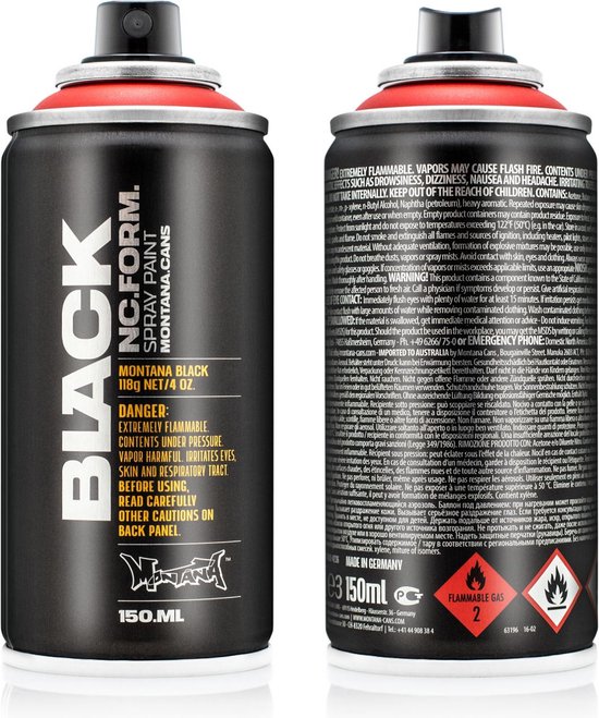Aérosol Montana BLACK NC.FORM. 150ML, noir brillant, avec texte et avertissements.