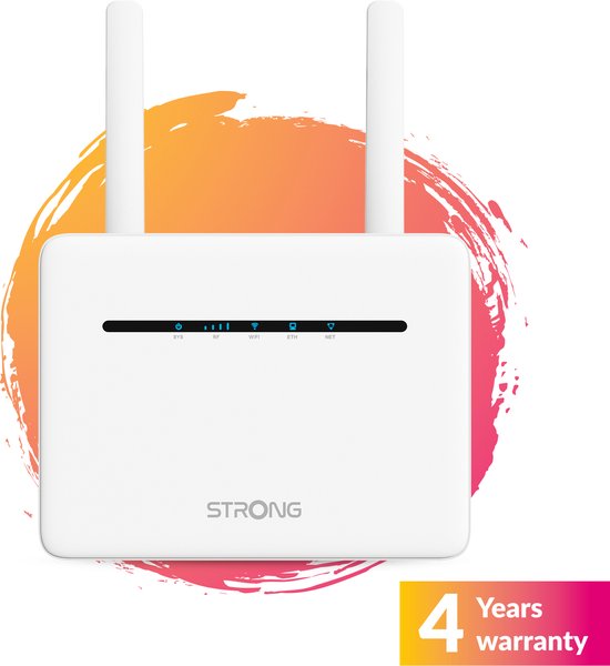 Routeur 4G+ LTE STRONG blanc avec deux antennes sur fond de coups de pinceau colorés et '4 ans de garantie'.