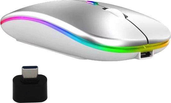 Draadloze LED Bluetooth Muis - Ergonomisch - RGB - Laptop en Gaming - Draadloos - Zilver - Met USB-C hub