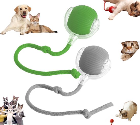 Elektrisch Kattenbalspeelgoed - Interactief Kattenspeeltje - Automatisch Rollend Slim Kattenspeelgoed Voor Katten - Oplaadbaar - Speelgoed Voor Huisdieren - Snel Rollen Op Tapijt - Voor Interactief Spelen Binnenshuis - Groen / Grijs - 2 Stuk