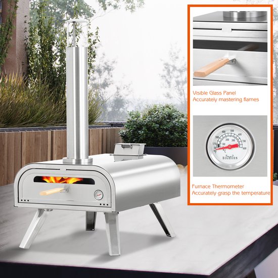RVS pizzaoven met brandende pizza, schoorsteen en thermometer, op een tafel.