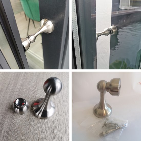 Collage van een zilverkleurige deurstopper met magnetische houder, gemonteerd op donkergrijze en witte deuren.