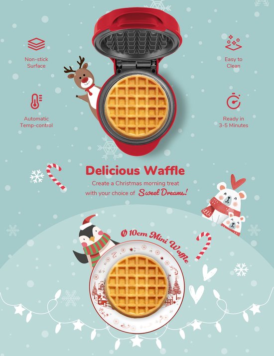 Bestron Wafelijzer - AMW500XMR - 550W - Mini wafel - Anti aanbaklaag - Mat Rood - Kersteditie- 5 jaar garantie van Bestron — afbeelding 3