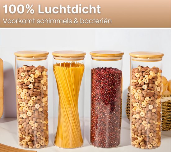 Bocaux de conservation Five Stars® - Set de 4 pièces - 1900 ML - Pots en Verres avec couvercle - Sans BPA - Stylo et Autocollants réinscriptibles gratuits - Pot à bonbons
