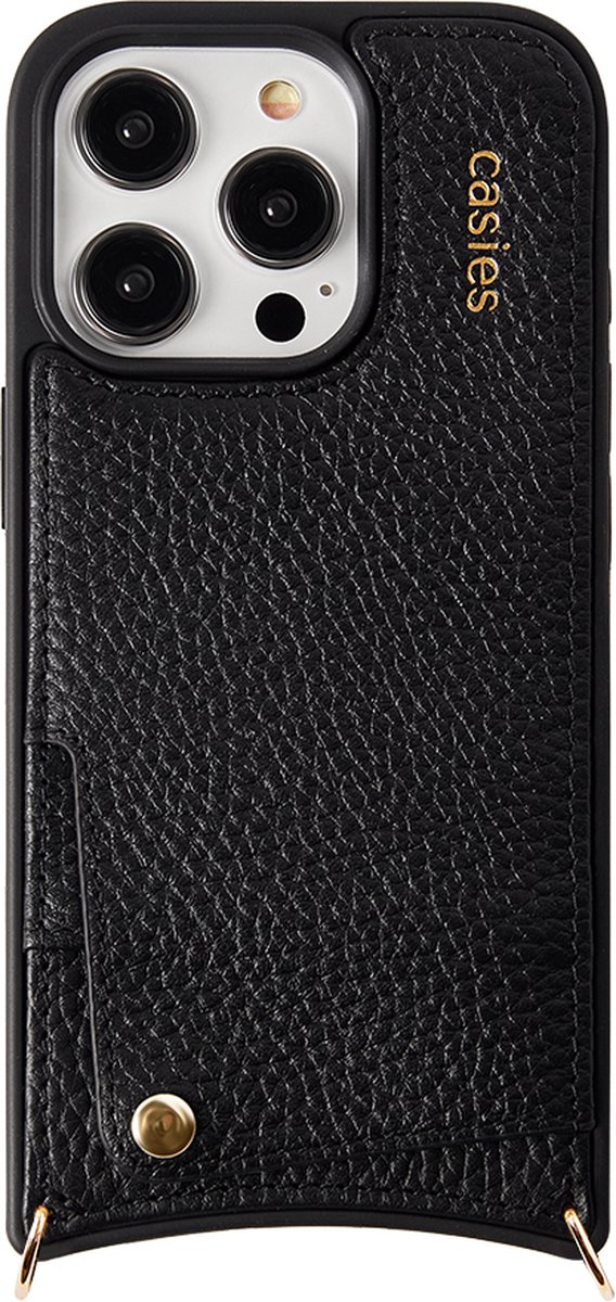 Casies leren hoesje geschikt voor Apple iPhone 16 met gouden hangers voor koord - 100% echt leer - zwart - Smartphone case zonder cord
