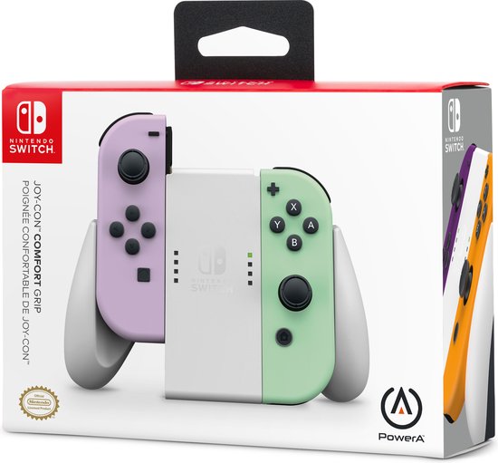 Nintendo Switch Joy-Con Comfort Grip in pastel paars en mintgroen.